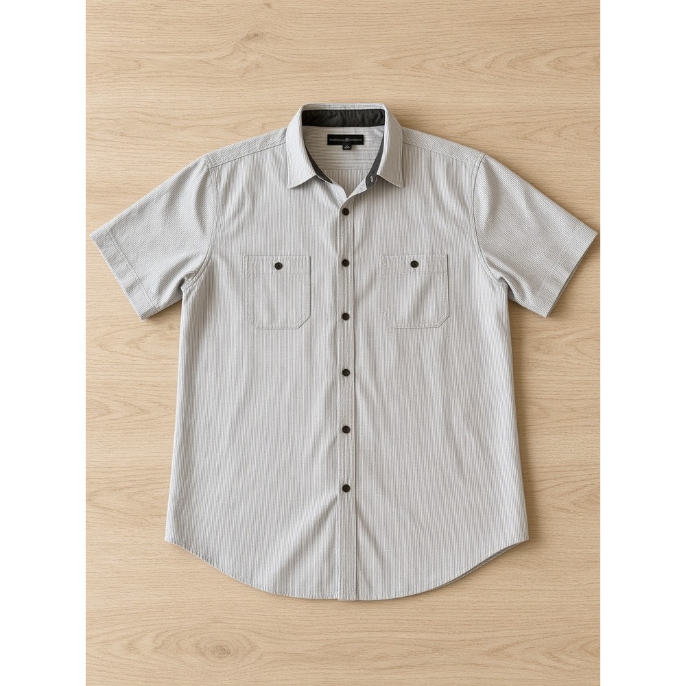 Beverly Hills Polo Club Mens XL Gray White Striped Short Sleeve Button Down